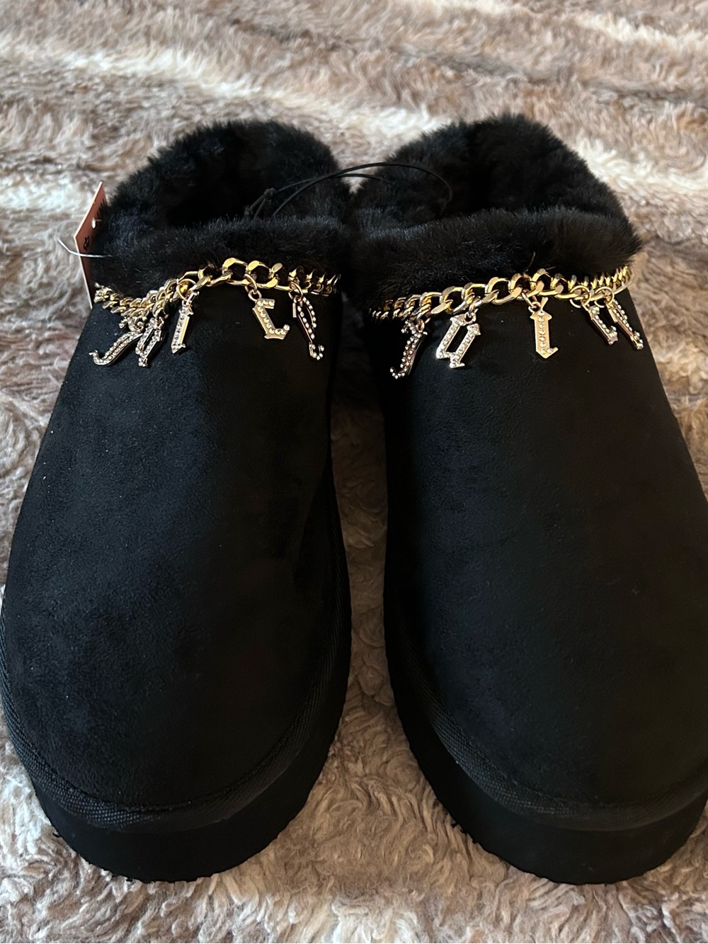 Juicy Couture Black Faux Fur Chain-Embellished Slip-Ons - Picture 2 of 4